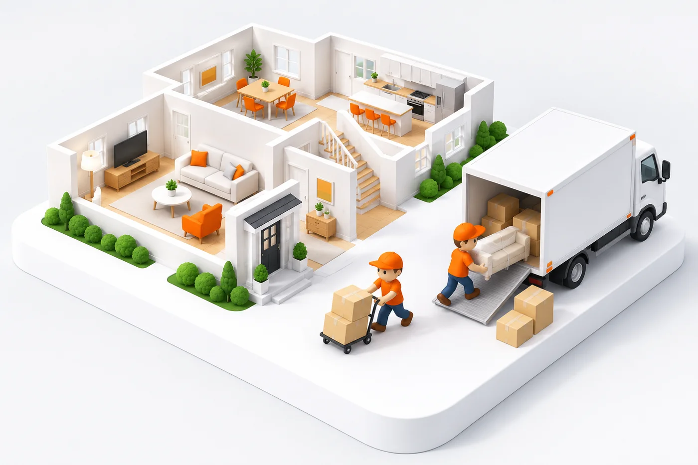Miniature clay-style moving scene with a cutaway home, furniture, boxes and a moving truck.